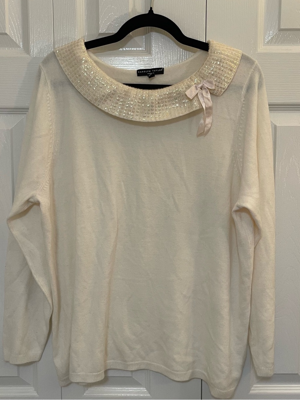 Carolyn Taylor Ivory Jewel-Collar Crewneck Sweater with Bow romantic whimsy